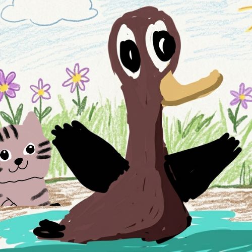 duck and the cat near the pool