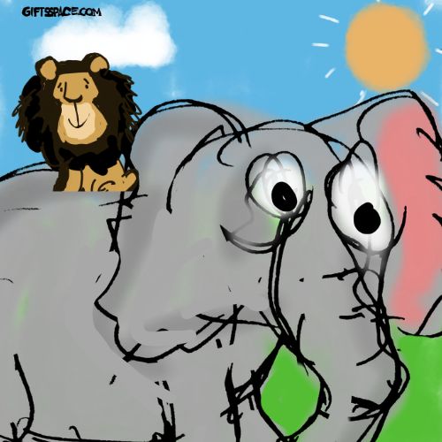 A playful lion sits on the back of a large, grey elephant under a bright yellow sun
