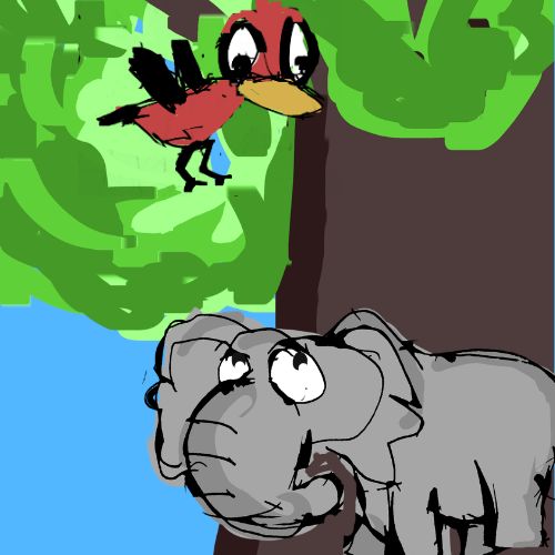 A whimsical digital illustration of a large, grey elephant looking up with wide eyes at a small red bird.
