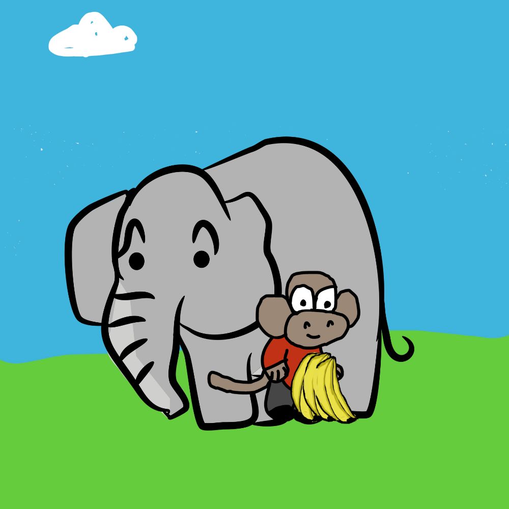 elephant and monkey with a bunch of bananas