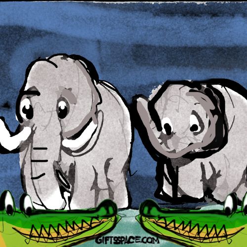 two elephants and the crocs