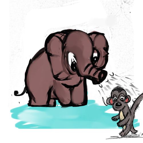 elephant spraying water on his monkey friend illustration for children
