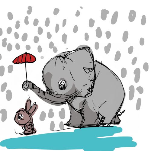 an elephant is holding a red umbrella over the bunny to protect the bunny from the rain.