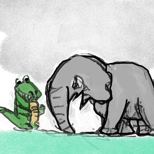 a green crocodile is talking to an elephant cartoon