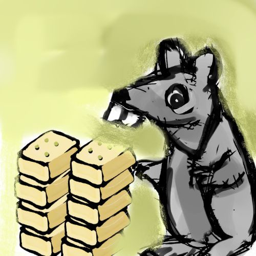 rat standing near a pile of cheese biscuits