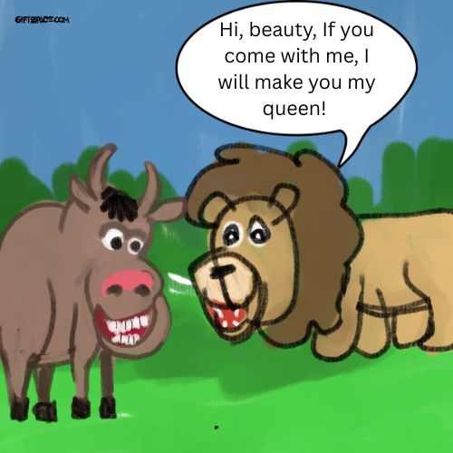 The lion is talking to the cow
