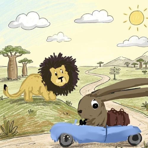illustration of a bunny with long ears fleeing in a blue car while a lion is staring at the scene.