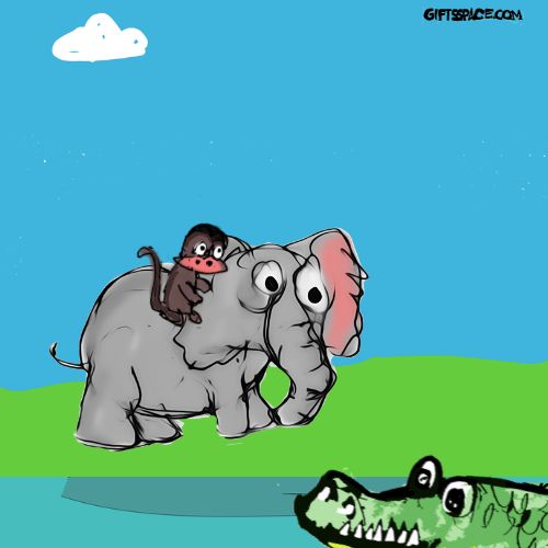 elephant and the monkey meeting a crocodile