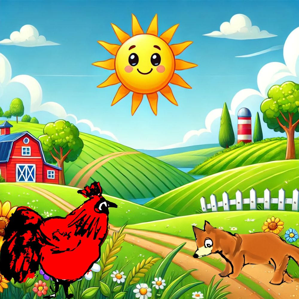 rooster and a fox in the countryside