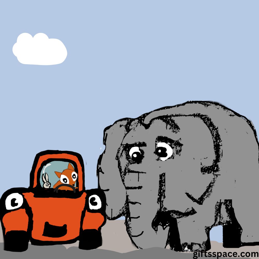 fox in the red car and an elephant
