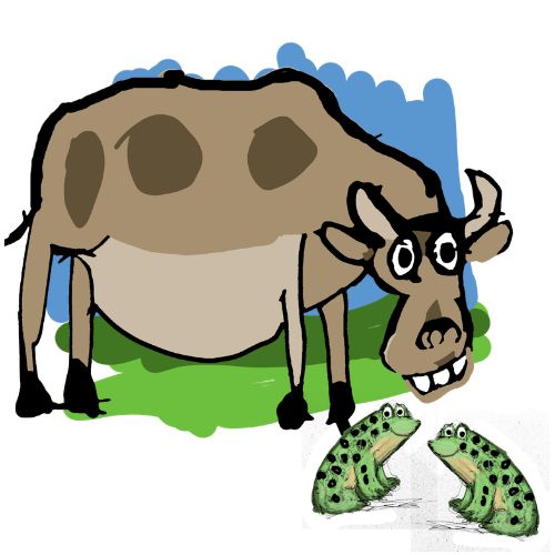 two frogs talking and a cow was overhearing