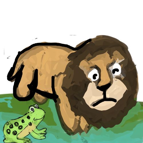frog warning lion stepping into marshy land