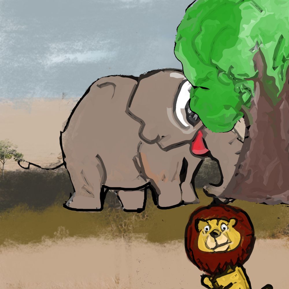 elephant hiding from the lion playing hide-and-seek