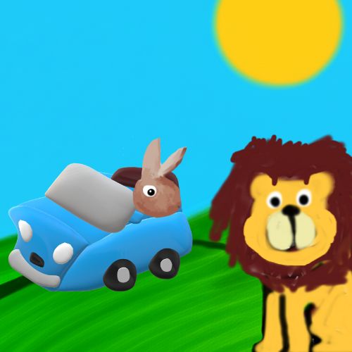 funny bunny in a blue car. The lion is looking at it
