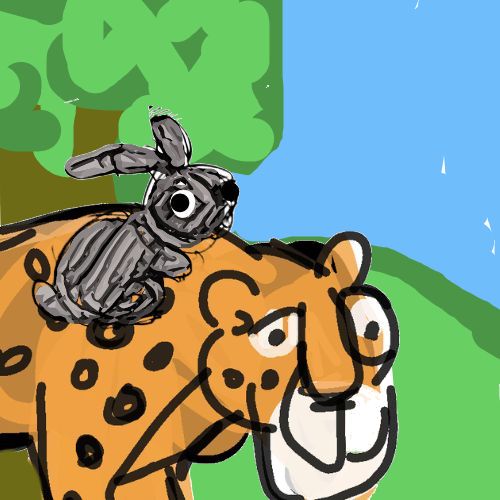 The rabbit is having fun with the leopard.