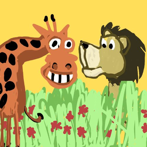 A colorful, kid-friendly digital illustration of a cartoon giraffe and a cartoon lion playing hide-and-seek in tall green grass filled with small red flowers.