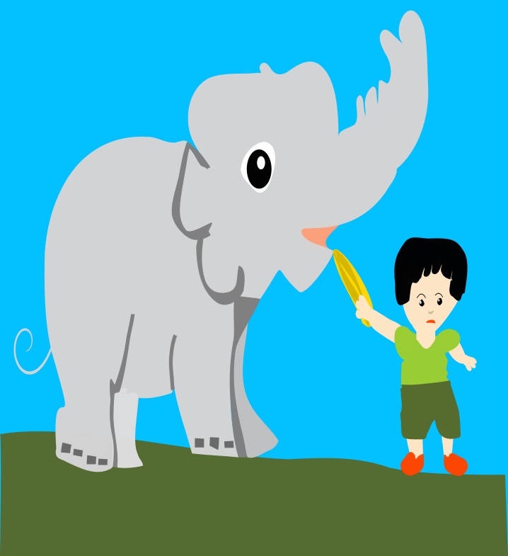 Little girl giving a banana to an elephant cartoon