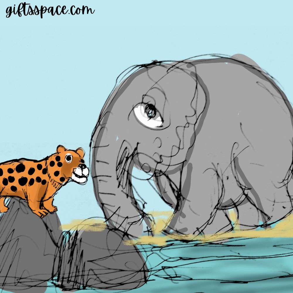 elephant and a leapord on the riverside cartoon