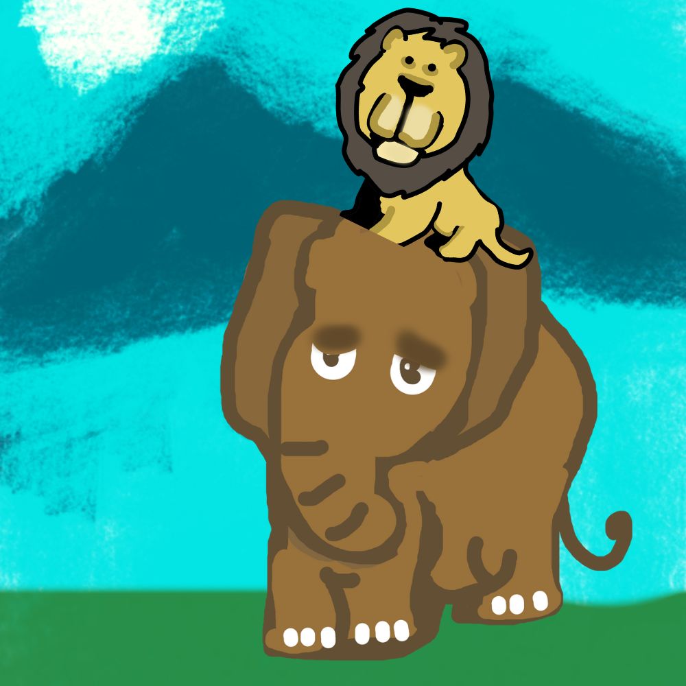 lion travelling on an elephant