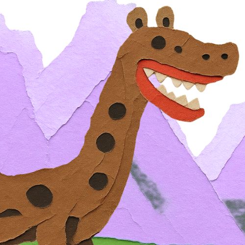 Paper-collage illustration of a friendly brown dinosaur with black spots and an open orange mouth set against purple torn-paper mountains