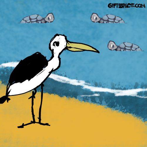 heron and a group of turtles