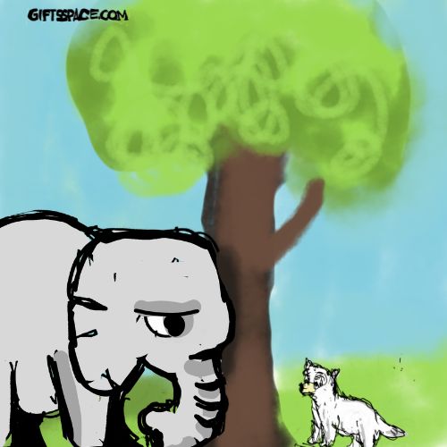 The elephant and the dog are playing hide and seek.