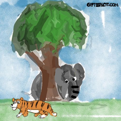 a funny illustration of an elephant hiding behind the tree while a proud tiger walks away