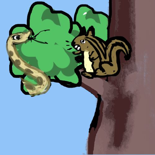 Digital illustration of a chipmunk baring its teeth at a spotted snake in a green treetop