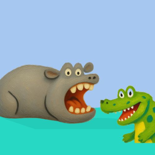 hippo opened his big mouth and the croc is laughing at it