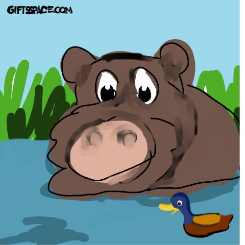 a duck is fleeing after something while a hippo is looking confused at it
