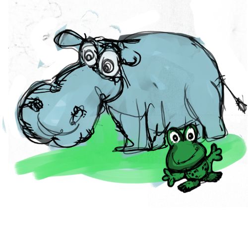 a blue hippo and green frog in the pond illustration for children