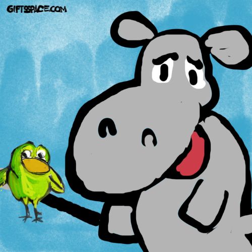 a happy hippo and the green bird illustration