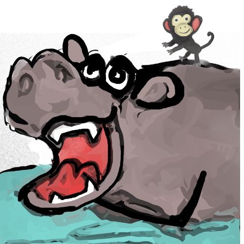 a little monkey is playing on the top of a hippo who opened his mouth wide opened.