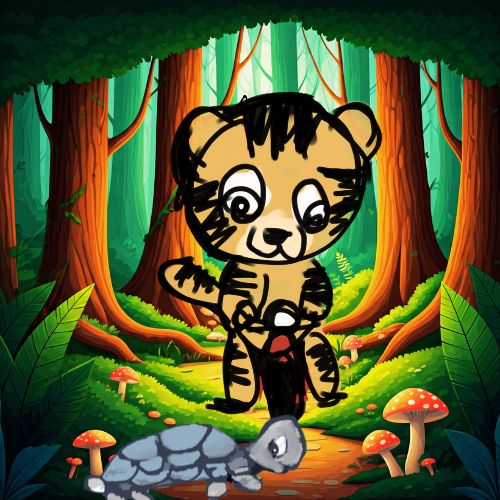 baby tiger on a bike allowing tortoise to cross the road