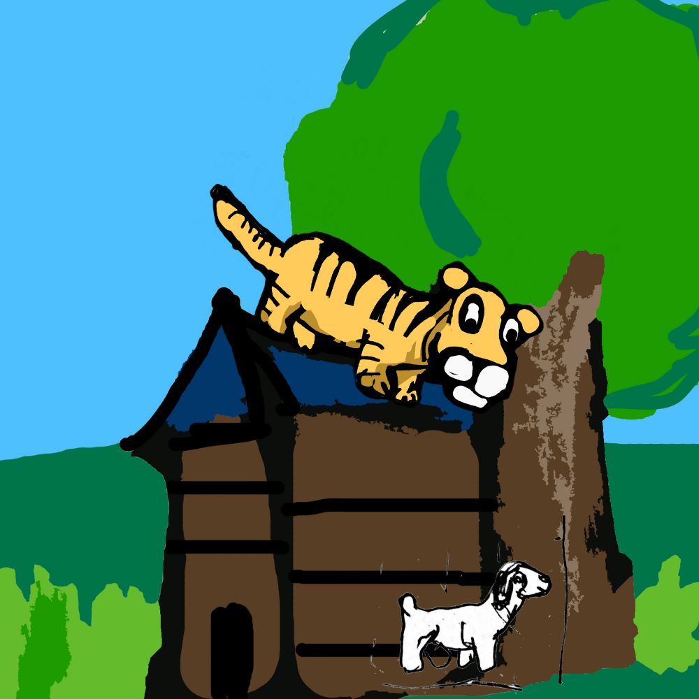 tiger on the rooftop staring at the goat cartoon