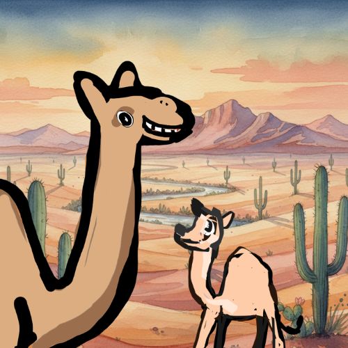 a mother and her son camels in the desert