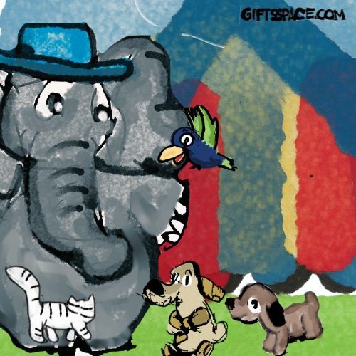 elephant talking to a bird with his friends cat and dogs