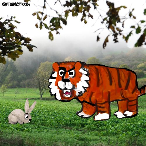 A cartoon tiger looking confused at a small brown bunny in a green meadow.