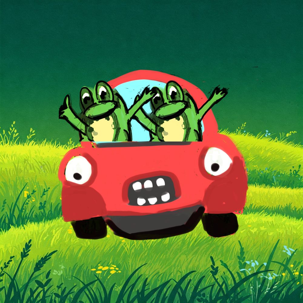 frog couple on their brand new red car