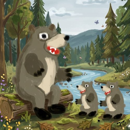 illustration of mother and bear kids near the river.