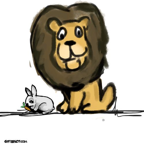 lion and a rabbit, who is eating a carrot