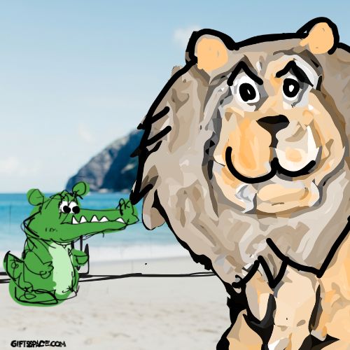 a crocodile and a lion on the riverside