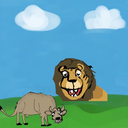 a lon looking at a cow grazing inthe meadows.