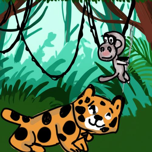 leopard cub is playing with a monkey cartoon