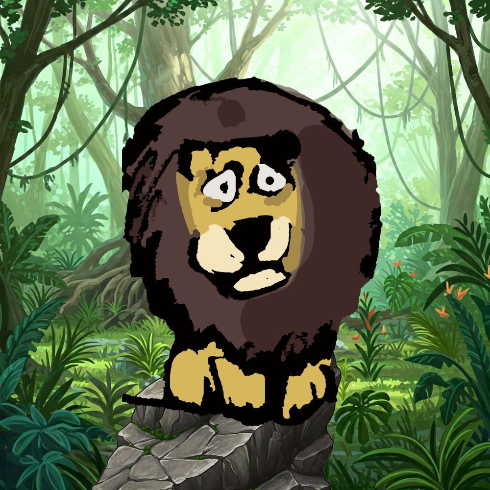 lion king sitting on a rock in the middle of the jungle