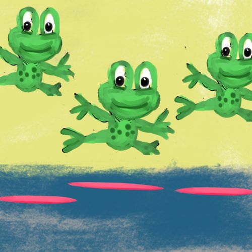 three little frogs leaping against lillypads