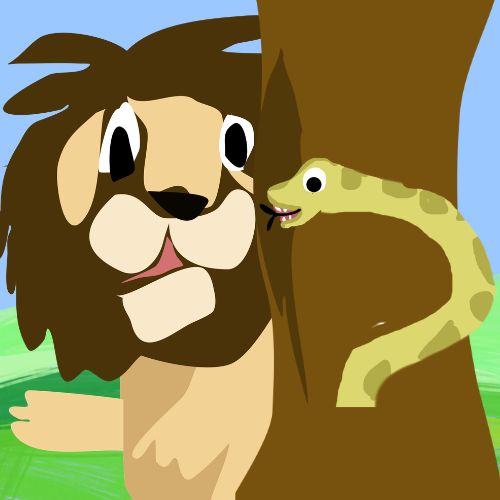 the terrified lion hiding behind a tree and the yellow snake talking to him illustration for children