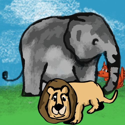 an elephant saving a fox from the lion.