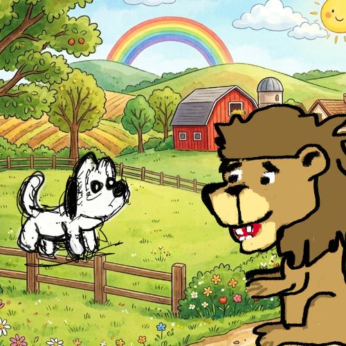 illustration of a lion visiting a dog in the countryside