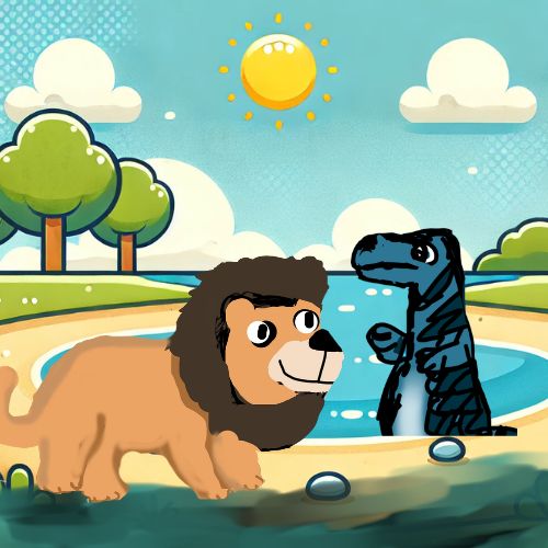 lion and the crocodile near the pond